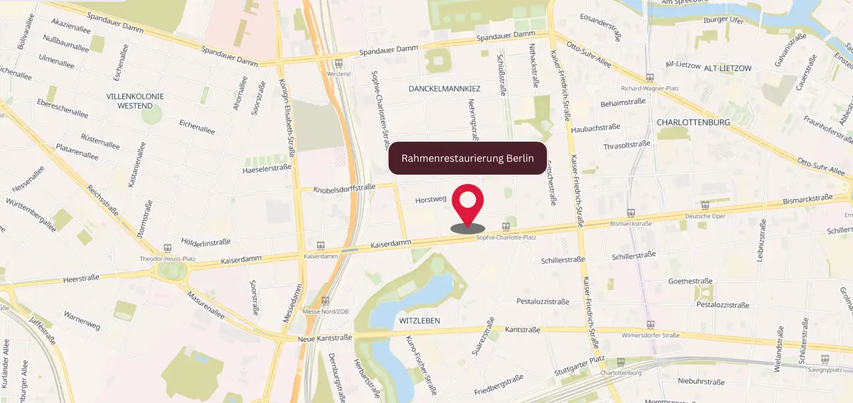 Lage der Rahmenrestaurierung Berlin am Kaiserdamm nahe Sophie-Charlotte-Platz